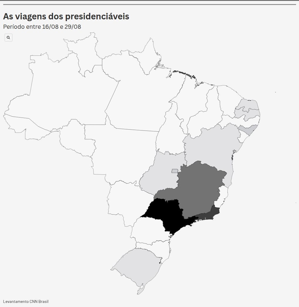 Mapa da campanha: candidatos vão ao Sudeste em 2 de cada 3 viagens
