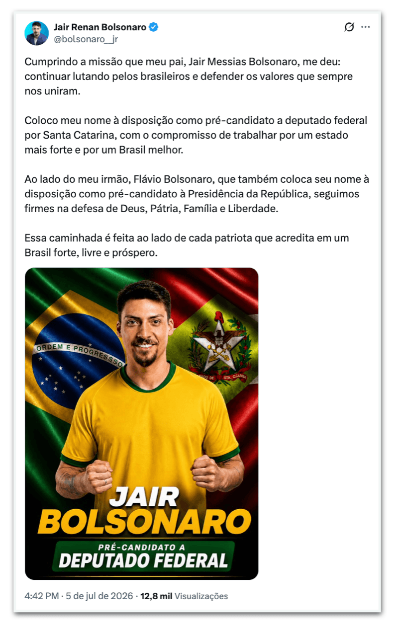 Jair Renan anuncia pré-candidatura a deputado federal por SC
