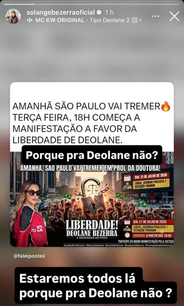 Mãe de Deolane convoca seguidores para ato pela liberdade da advogada