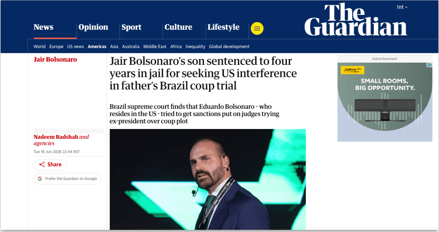 Mídia internacional noticia condenação de Eduardo Bolsonaro pelo STF