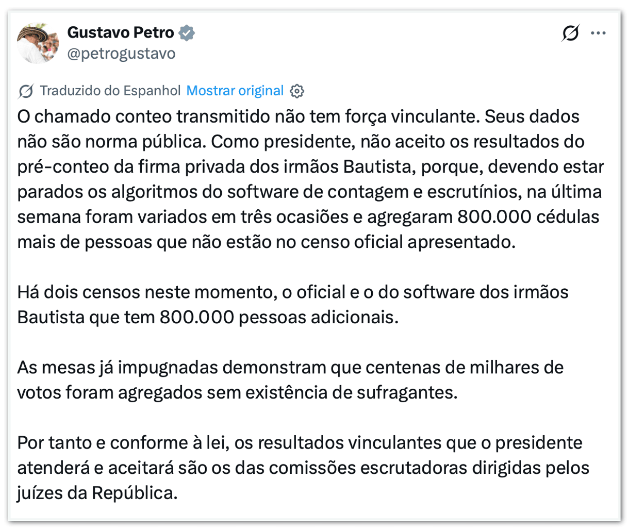Petro diz não aceitar resultado da eleição na Colômbia
