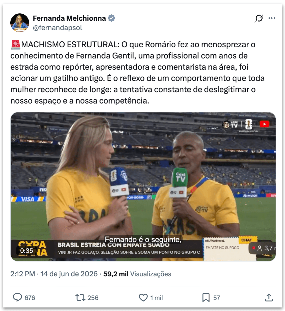 Romário é acusado de praticar “machismo estrutural” ao comentar jogo