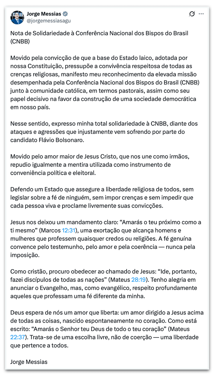 Ministro da AGU, Jorge Messias defende CNBB após crítica de Flávio