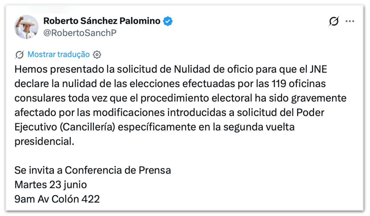 Candidato de esquerda no Peru pede anulação de votos no exterior