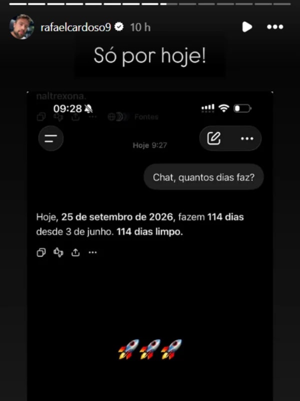 Rafael Cardoso comemora 114 dias sóbrio após reabilitação