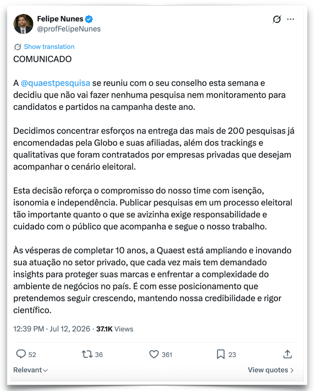 Quaest diz que não fará pesquisas para candidatos e partidos em 2026