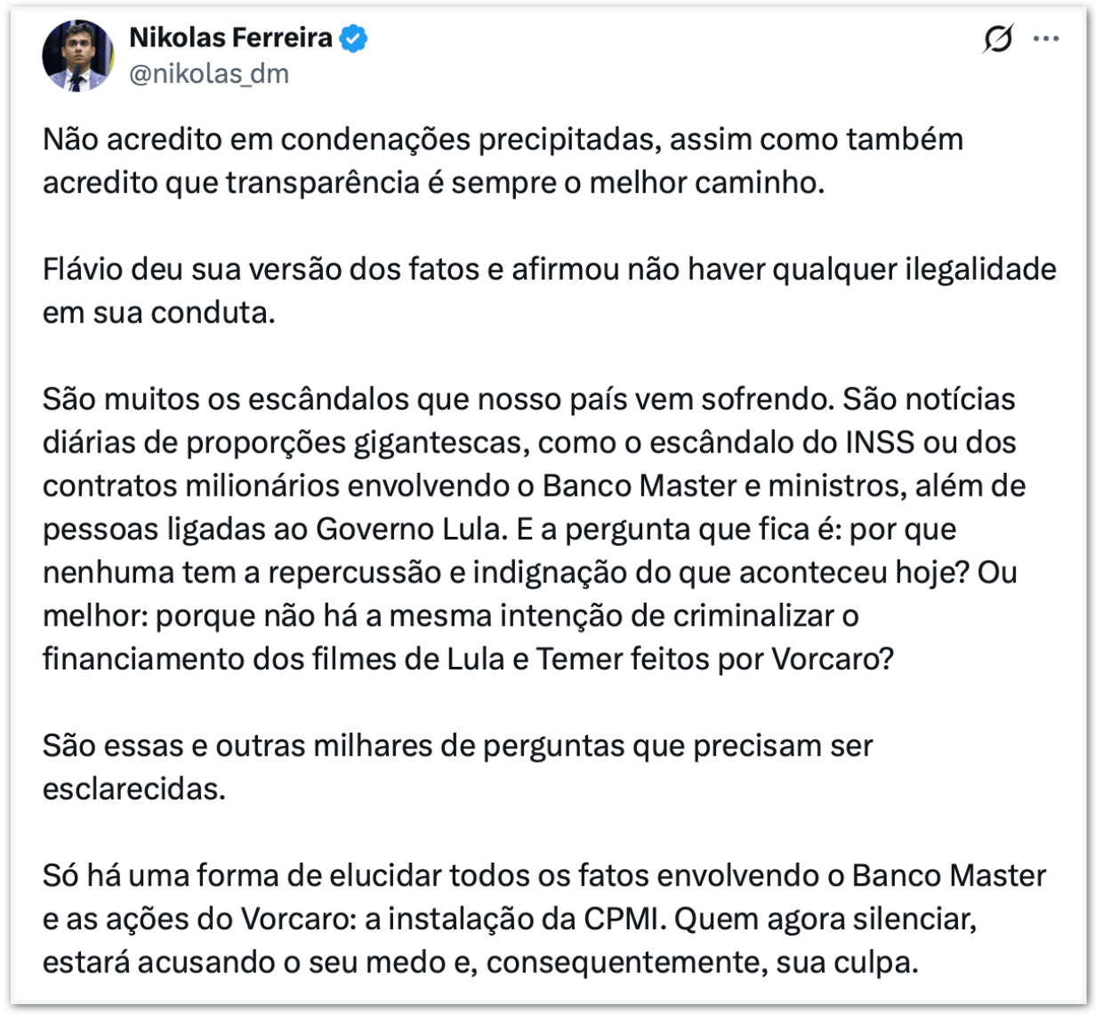 Nikolas Ferreira defende Flávio e pede CPMI do Banco Master