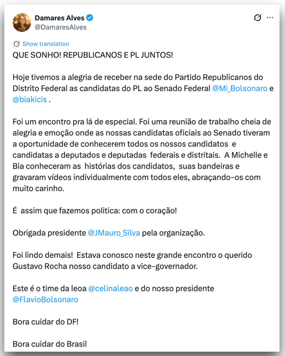 Damares e Michelle celebram união entre Republicanos e PL no DF