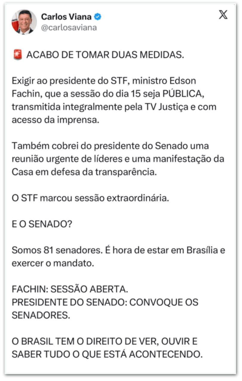 Viana pede que sessão do STF que julgará Moraes seja pública