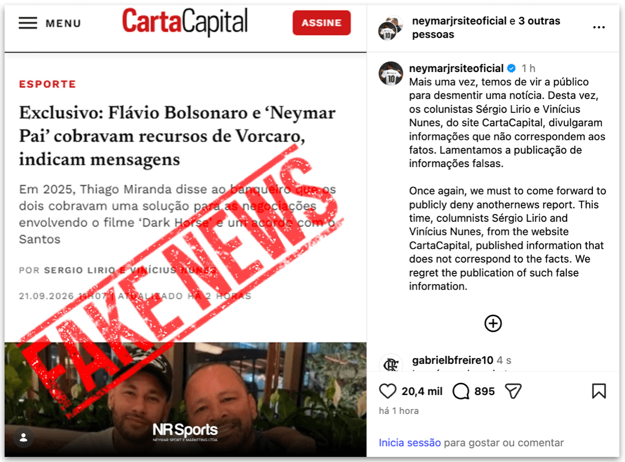 Neymar critica reportagem que associa seu pai a Vorcaro