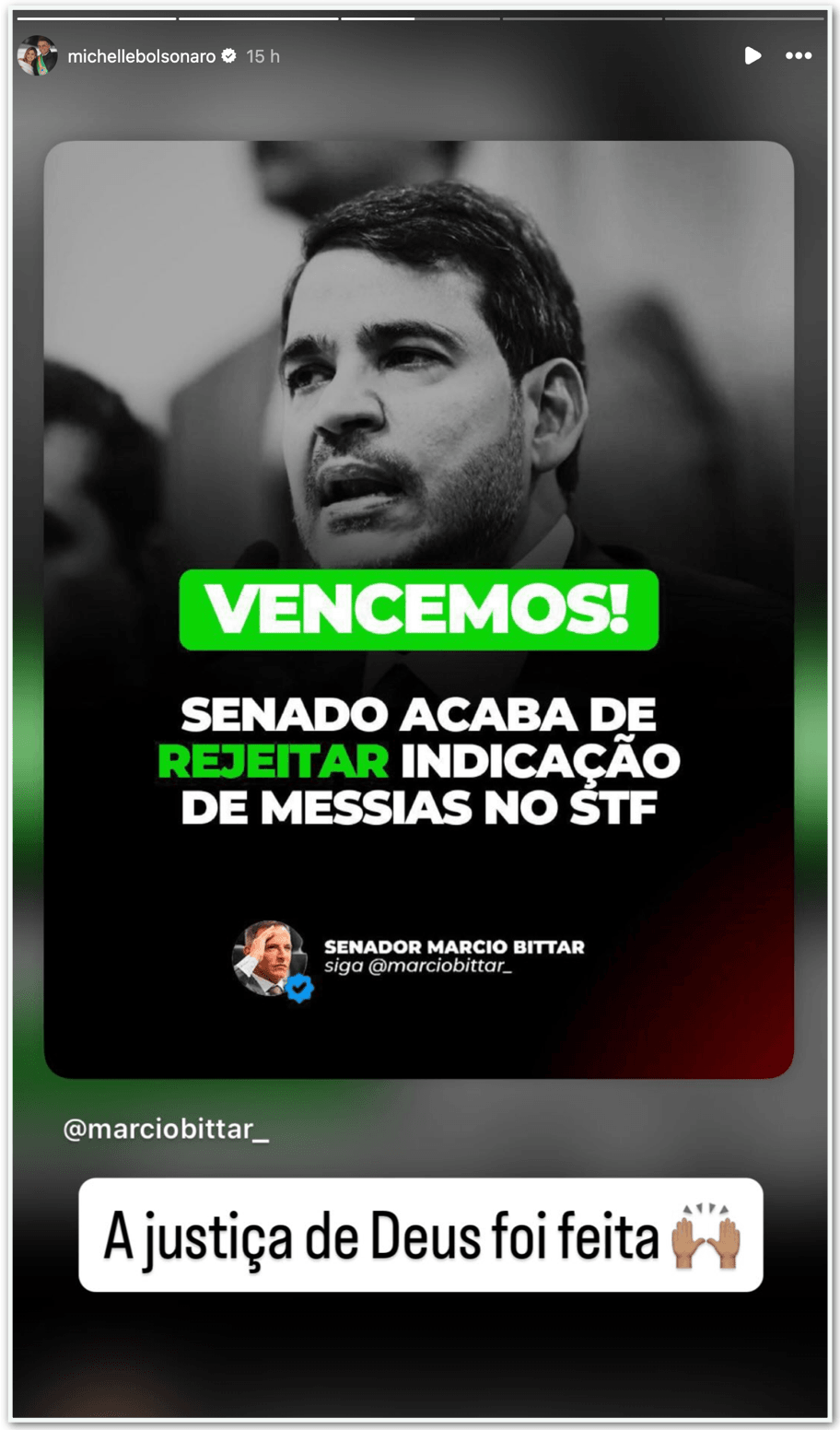 Michelle celebra derrota de Messias: “Justiça de Deus foi feita”