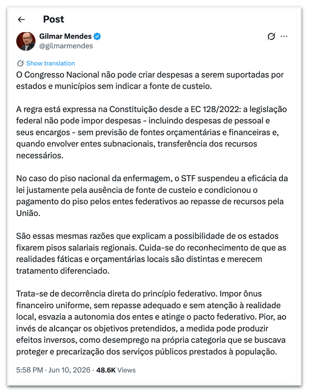 Congresso não pode criar despesas a Estados e municípios, diz Gilmar