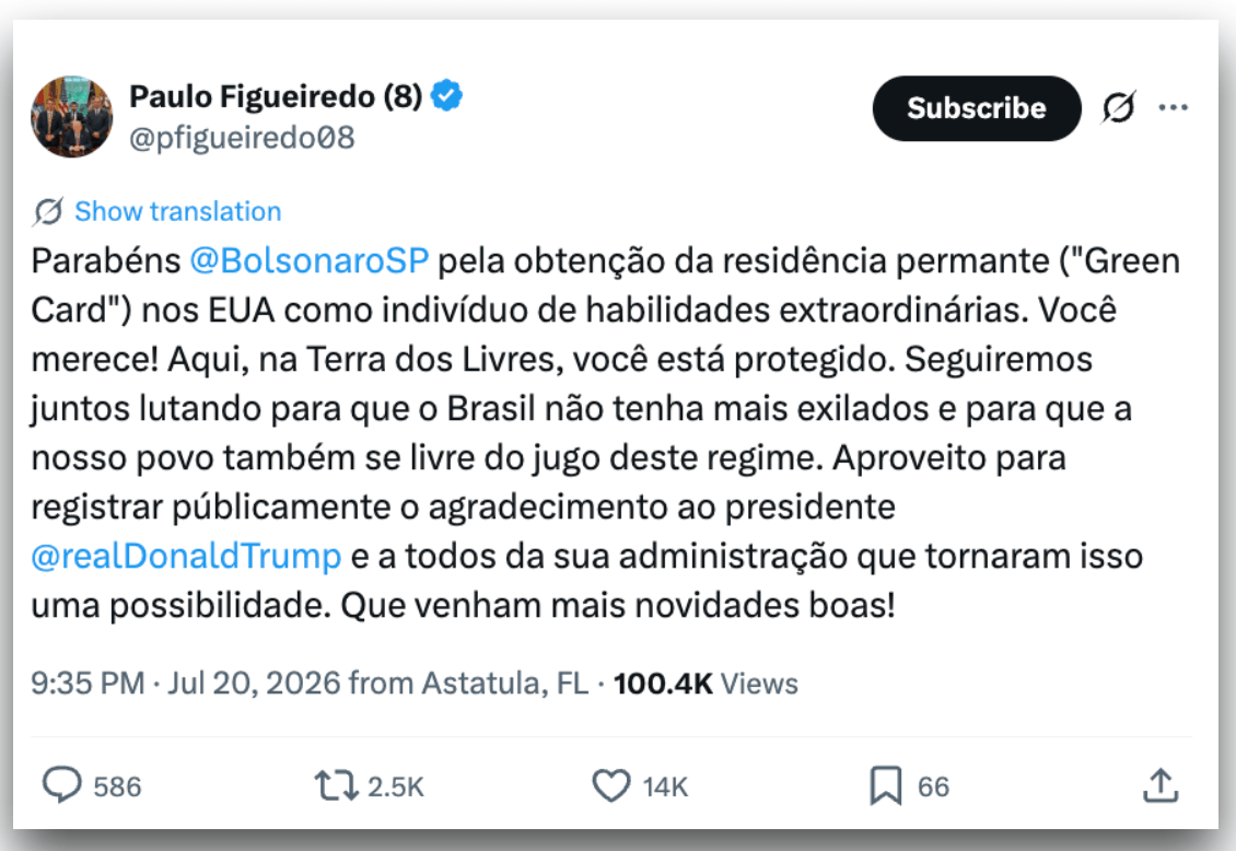 Aliado diz que Eduardo obteve Green Card por “habilidades extraordinárias”