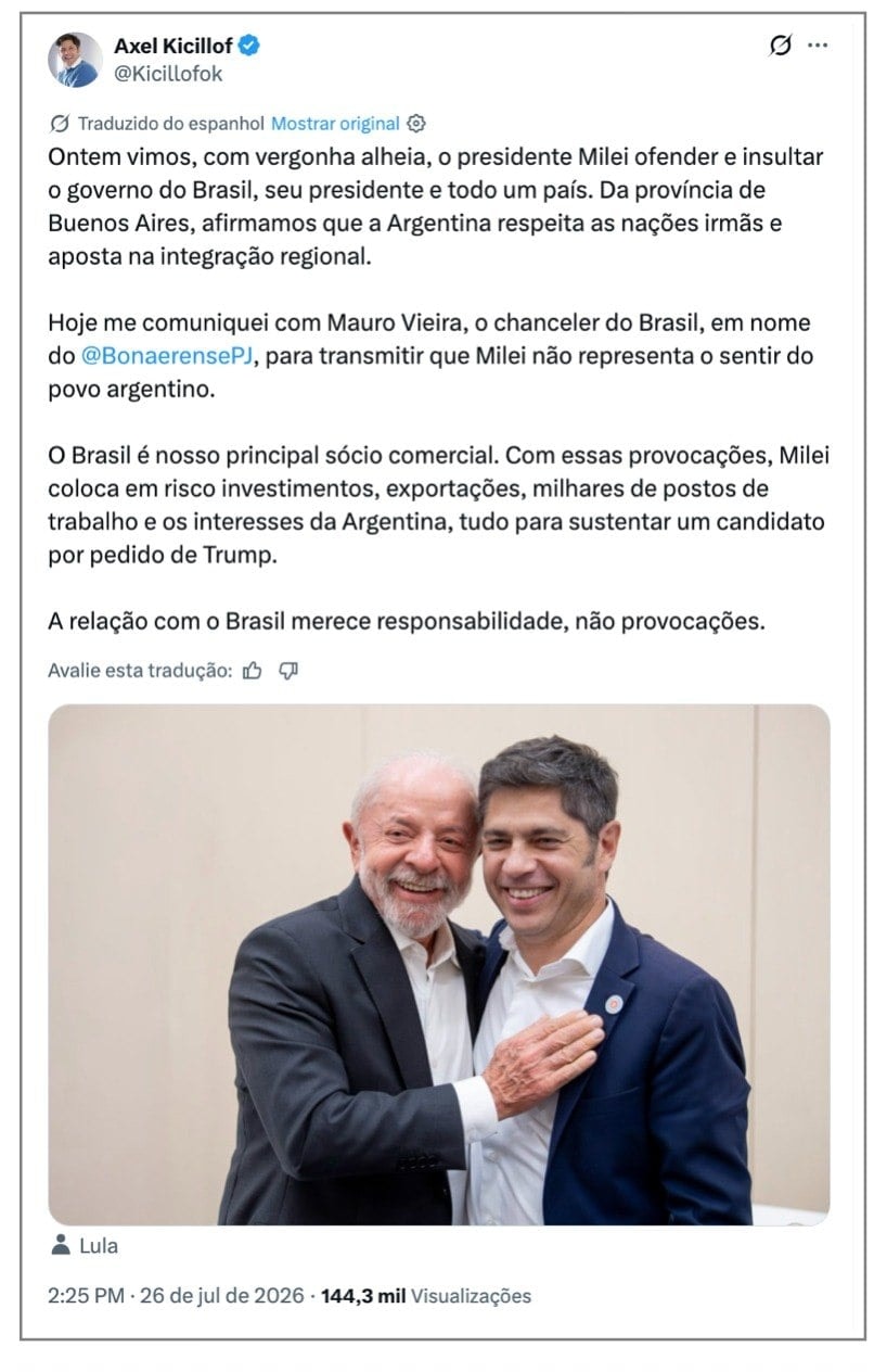 Governador de Buenos Aires posta foto com Lula e critica Milei