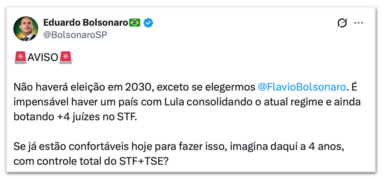 Eduardo diz que, se Flávio perder, “não haverá eleição em 2030”