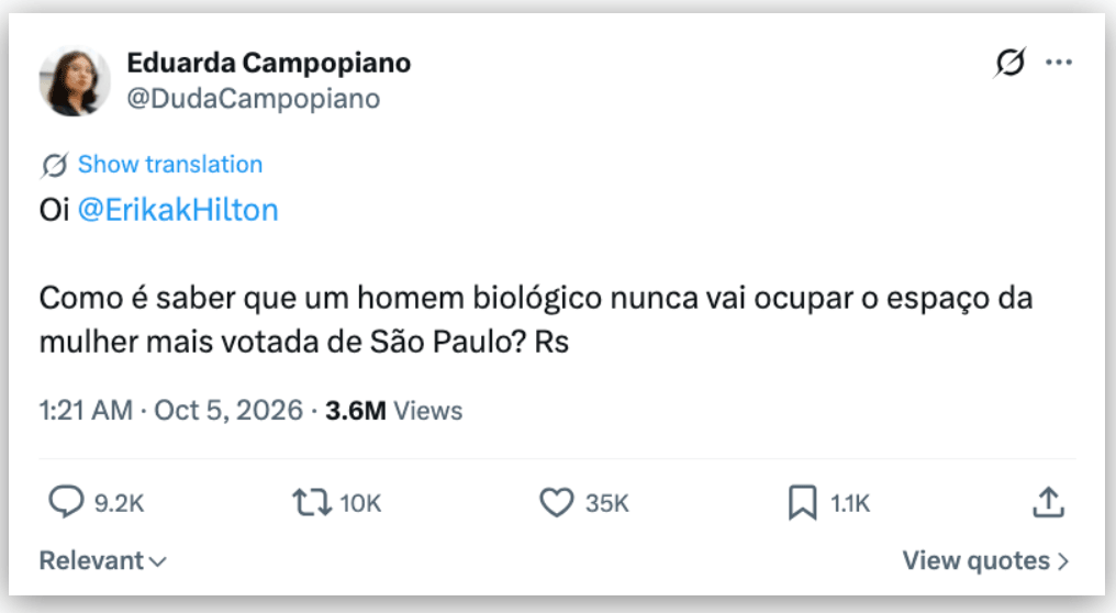 Campopiano critica Erika Hilton após maior votação para a Câmara