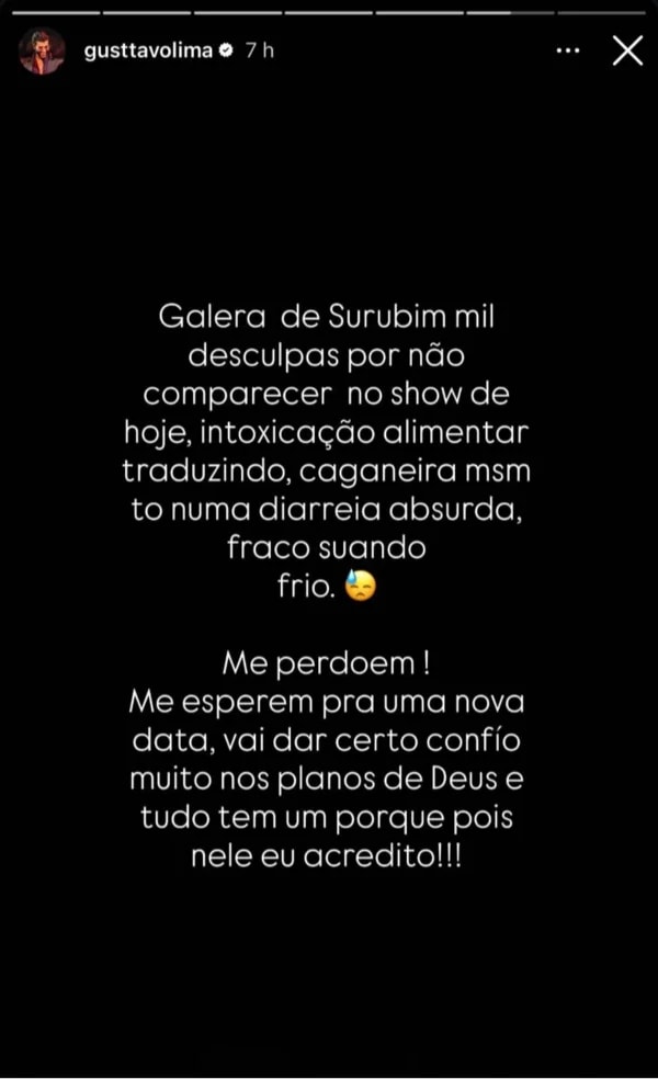 Gusttavo Lima se pronuncia após cancelar show em Surubim: "Caganeira"