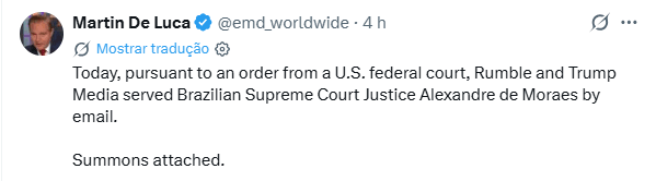Moraes é notificado judicialmente por Rumble e Trump Media, nos EUA