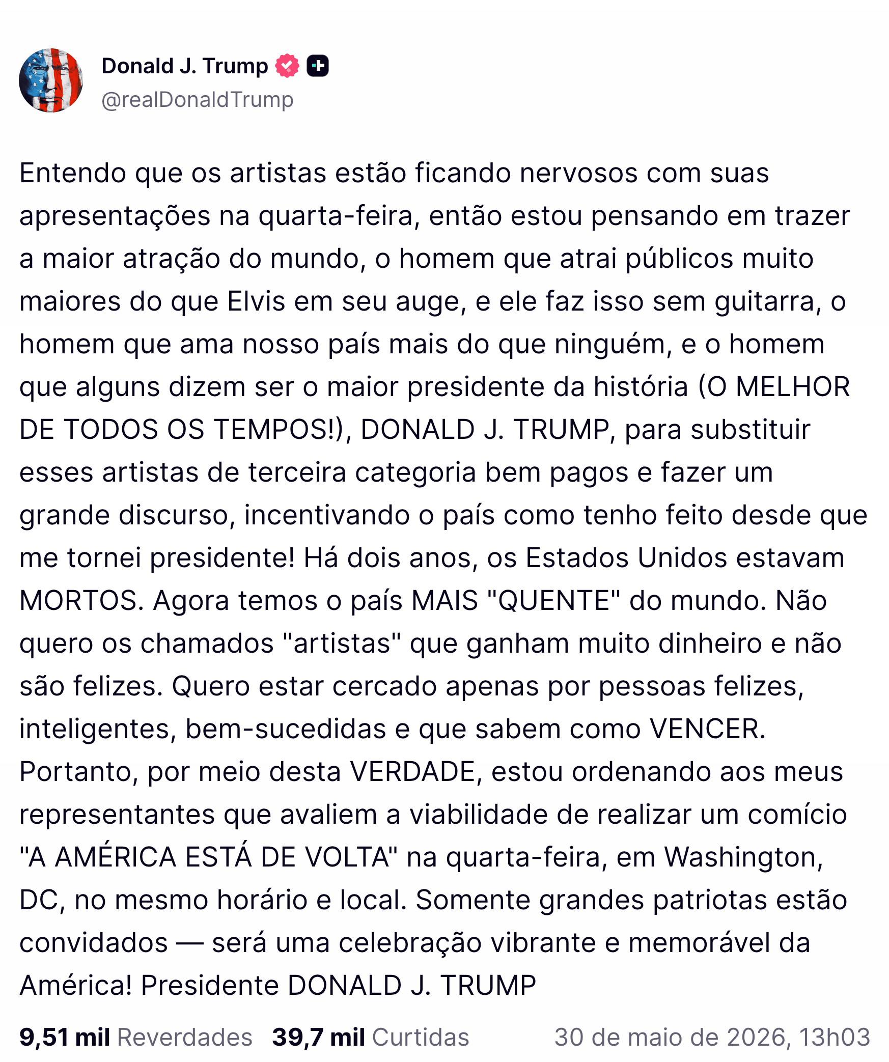 Trump diz ser maior que Elvis Presley