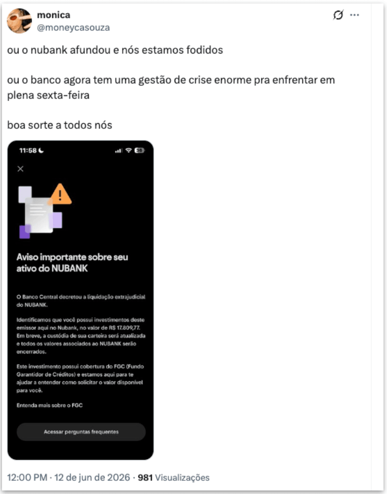 Clientes do Nubank relatam mensagens sobre liquidação do banco