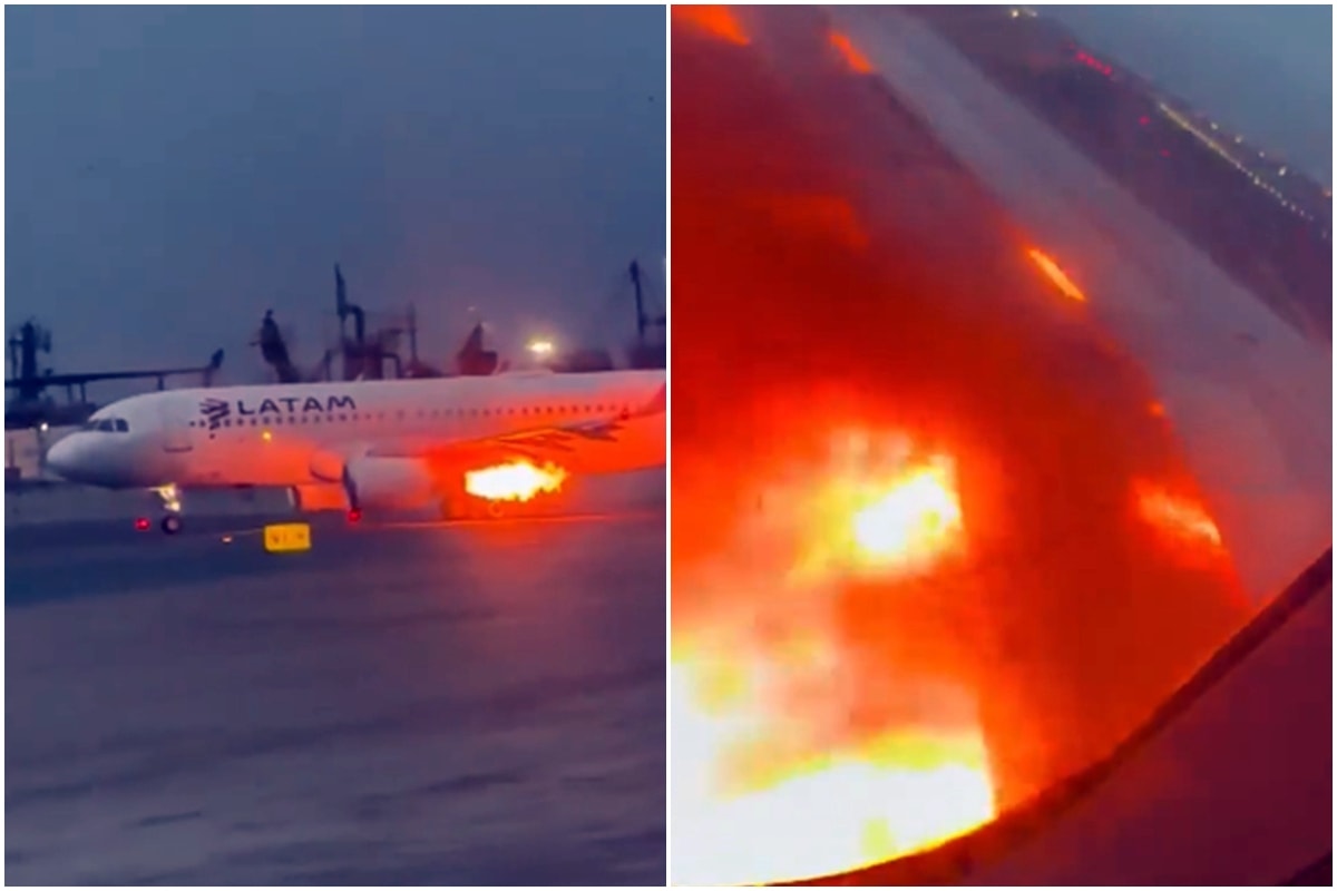 Motor de avião da Latam pega fogo durante decolagem no Aeroporto de Lima