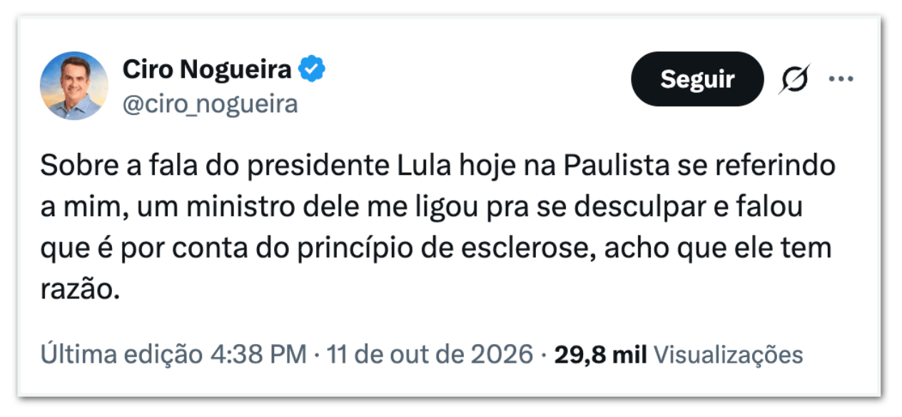Ciro Nogueira sugere que Lula tem “princípio de esclerose”