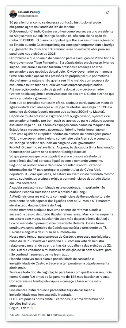 Governo de Cláudio Castro era “máfia mesmo”, diz Paes