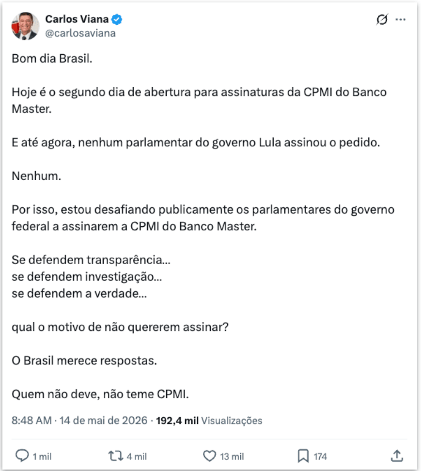 Viana desafia base de Lula a assinar pedido de CPMI do Master