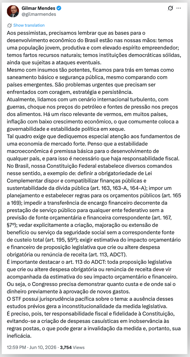 Gilmar critica aprovação de despesas “casuísticas” pelo Congresso