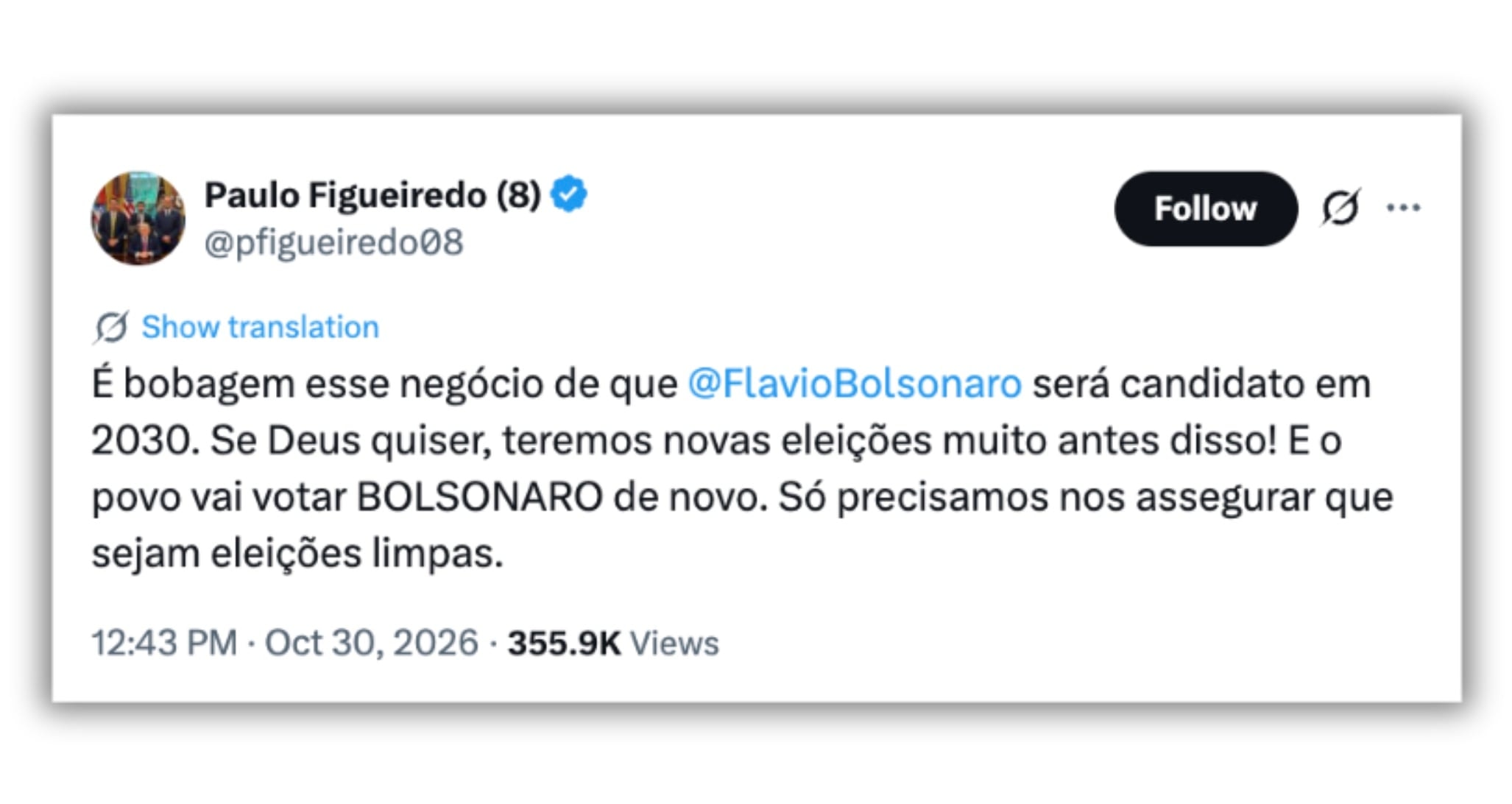 “Teremos novas eleições muito antes”, diz Figueiredo sobre Flávio em 2030