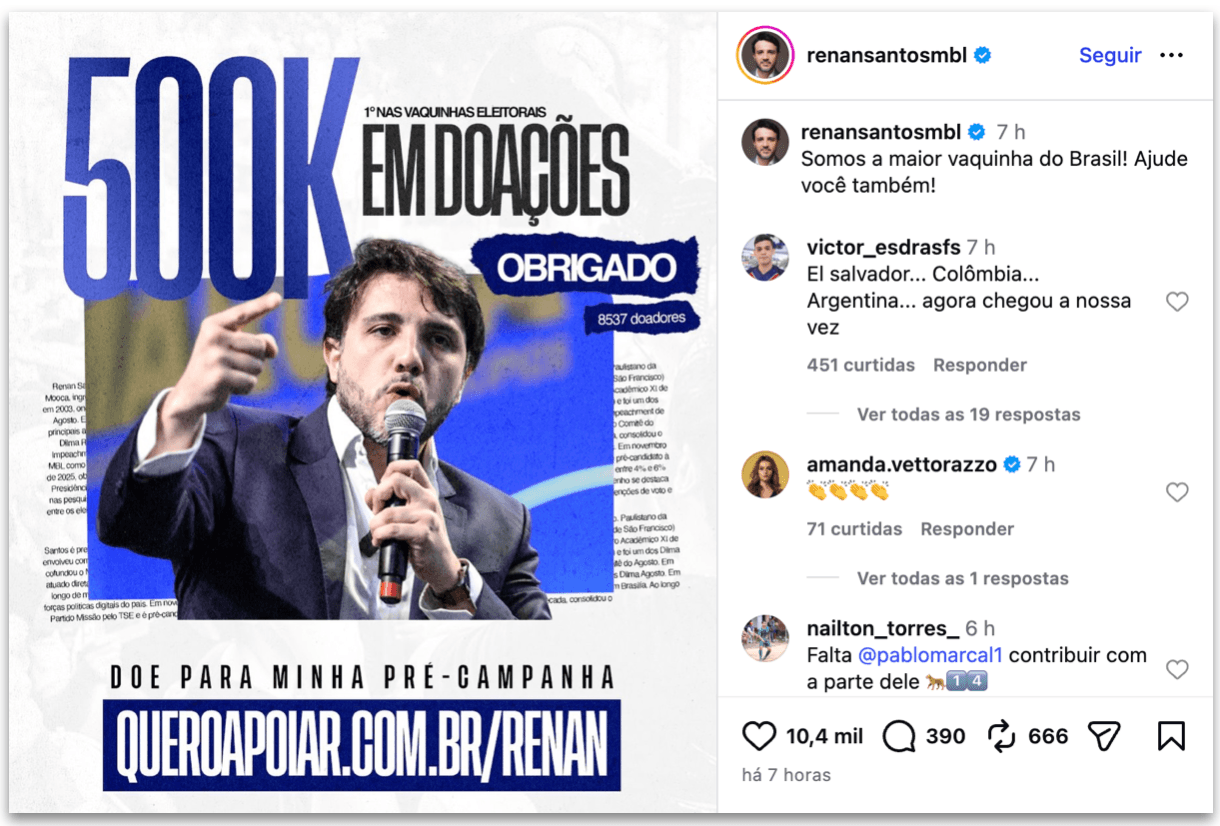 Renan Santos comemora R$ 500 mil em doação eleitoral