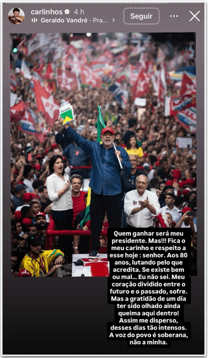 Carlinhos Maia posta foto de Lula e diz: “Gratidão ainda queima aqui dentro”