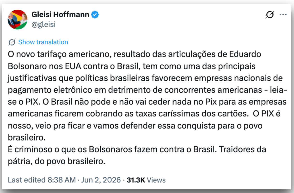 Governistas reagem à proposta de tarifa de Trump e defendem o Pix