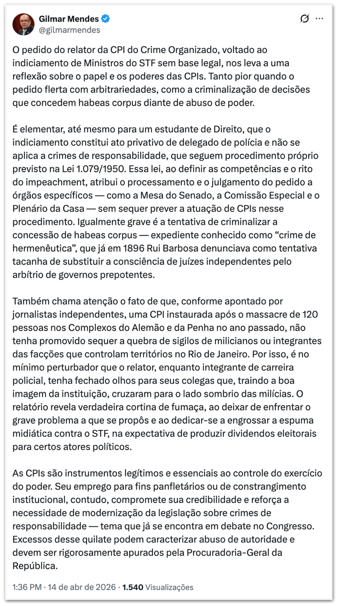 CPI não tem “base legal” para pedir indiciamentos, diz Gilmar