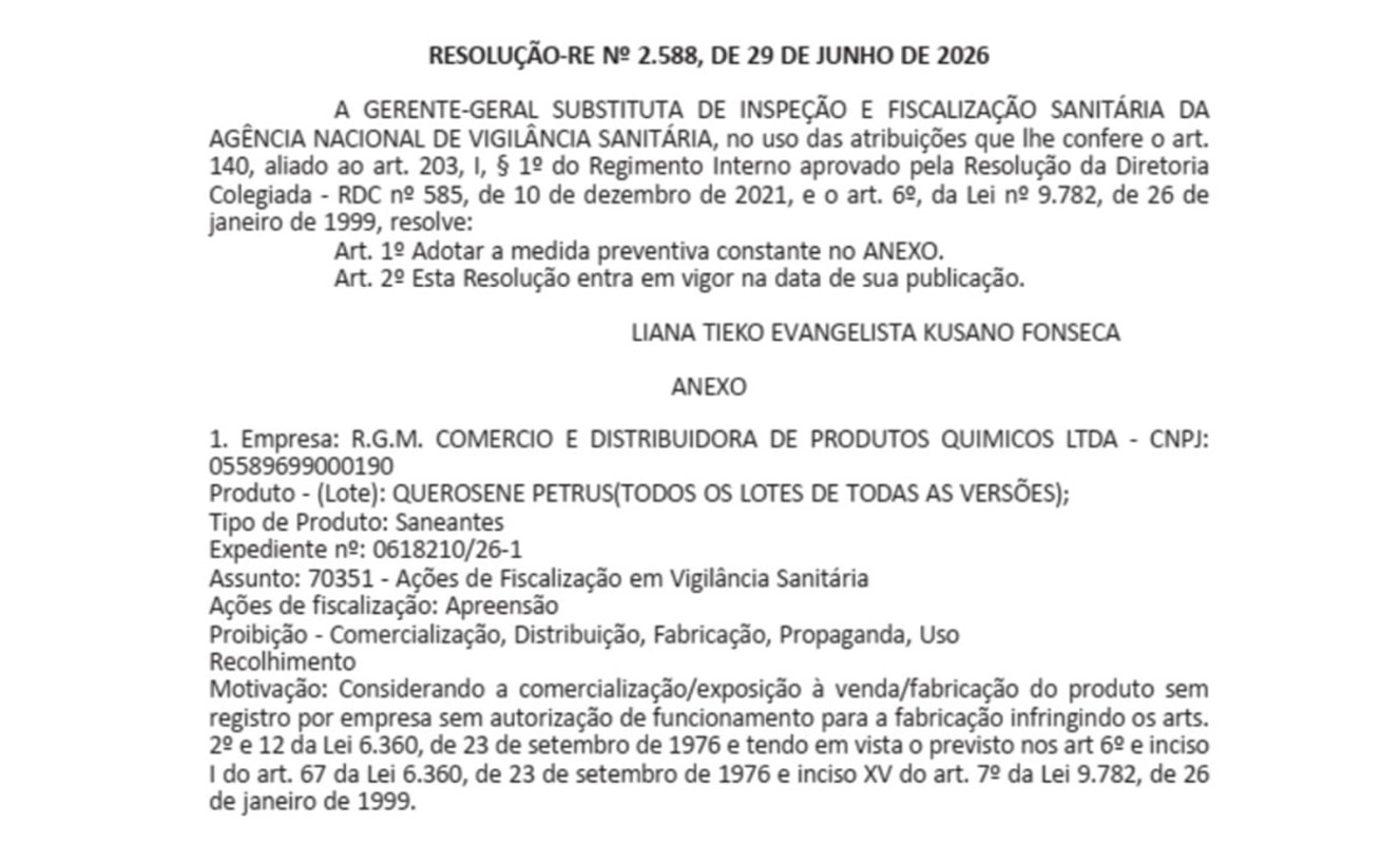 Anvisa proíbe venda e uso de querosene Petrus e determina recolhimento