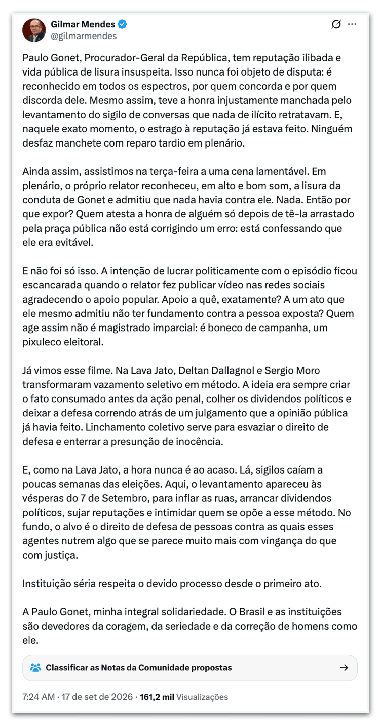 Gilmar defende Gonet e chama Mendonça de “pixuleco eleitoral”