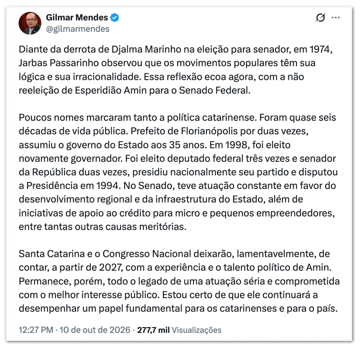 Gilmar lamenta que senador Esperidião Amin não tenha sido eleito
