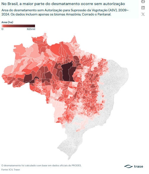 Nova análise revela extensão do desmatamento não autorizado no Brasil
