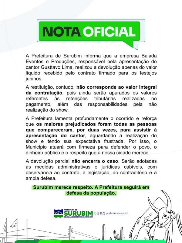 Prefeitura diz que Gusttavo Lima só devolveu parte do cachê de R$ 1,3 milhão