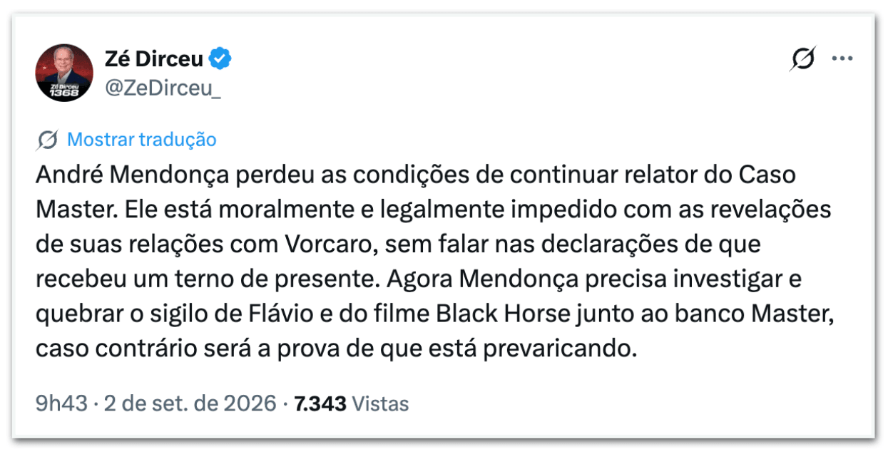 Petistas criticam Mendonça; Zé Dirceu pede afastamento do ministro