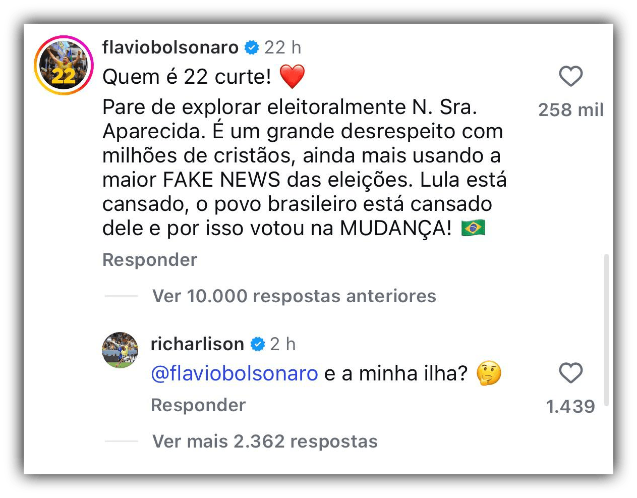 Richarlison questiona Flávio Bolsonaro sobre “ilha” em post