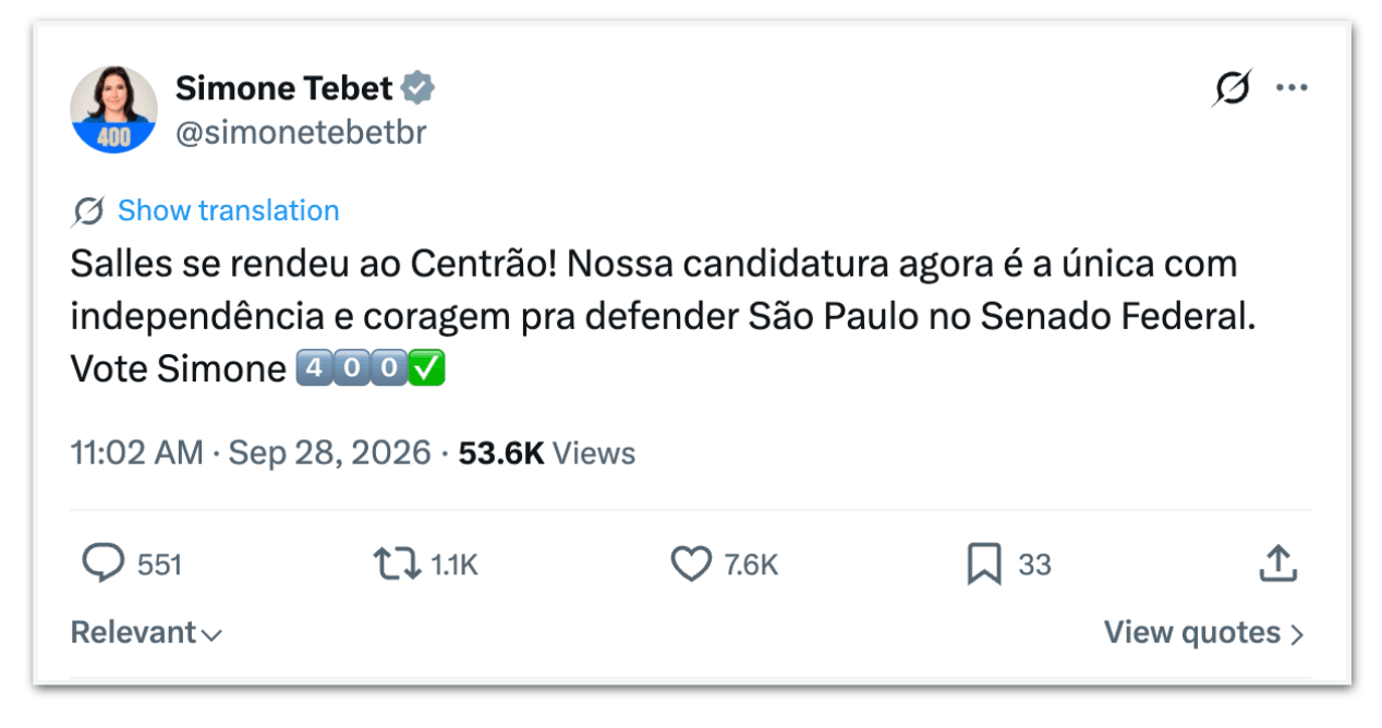 Tebet e Marina criticam desistência de Salles: “Rendeu-se ao Centrão”