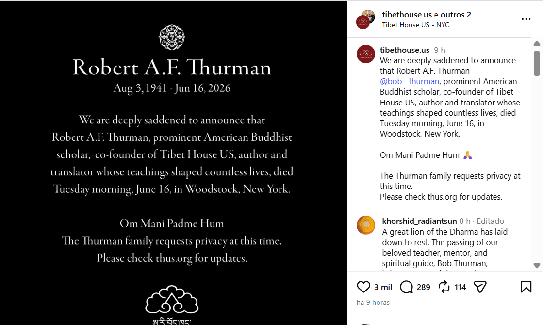 Morre o monge budista Robert Thurman, pai da atriz Uma Thurman
