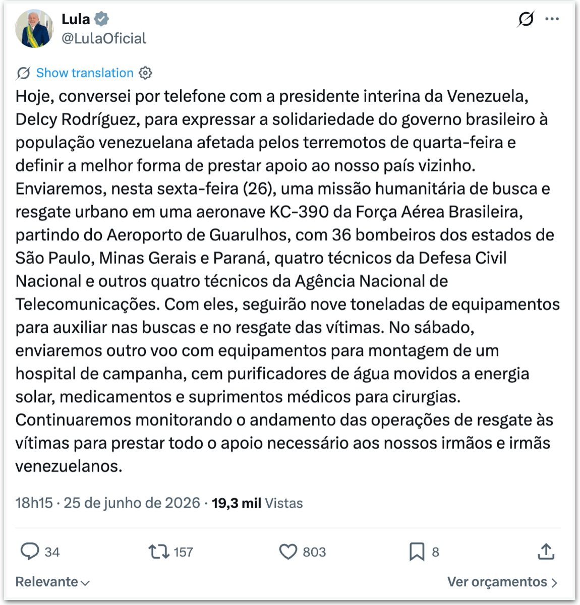 Brasil mandará ajuda humanitária para Venezuela, diz Lula