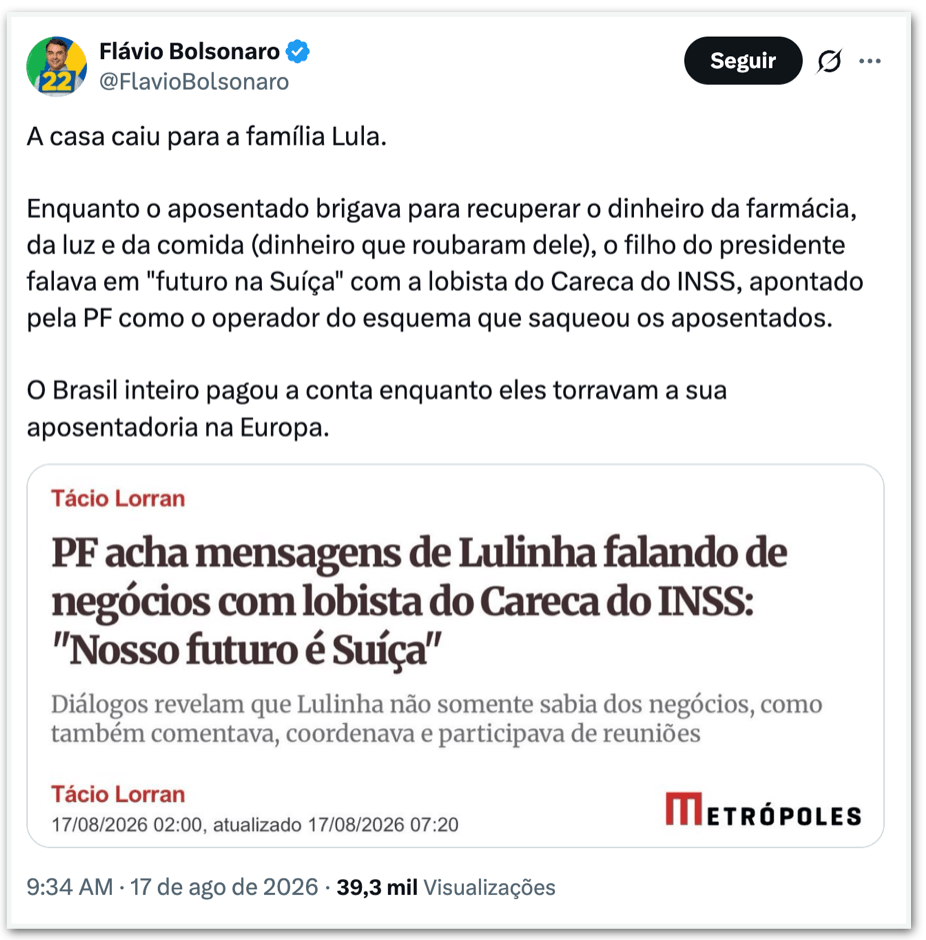 Flávio e Eduardo Bolsonaro criticam Lulinha por diálogos com lobista