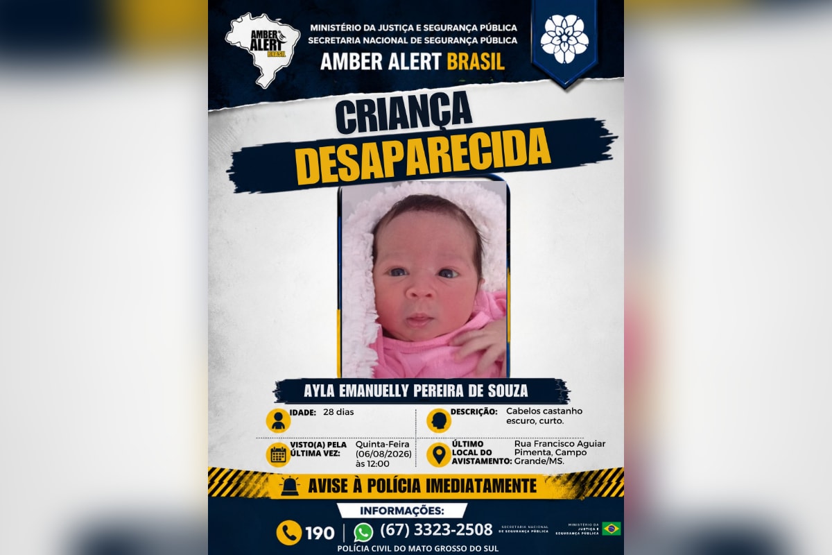 Ministério da Justiça emite alerta após bebê de 28 dias desaparecer em MS