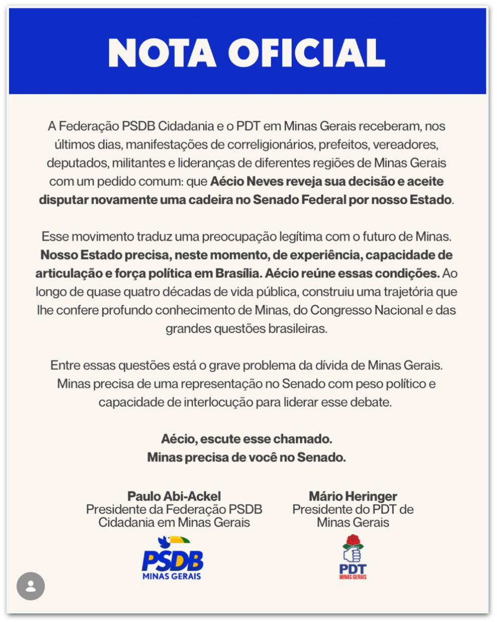 PSDB, Cidadania e PDT pedem que Aécio Neves dispute o Senado