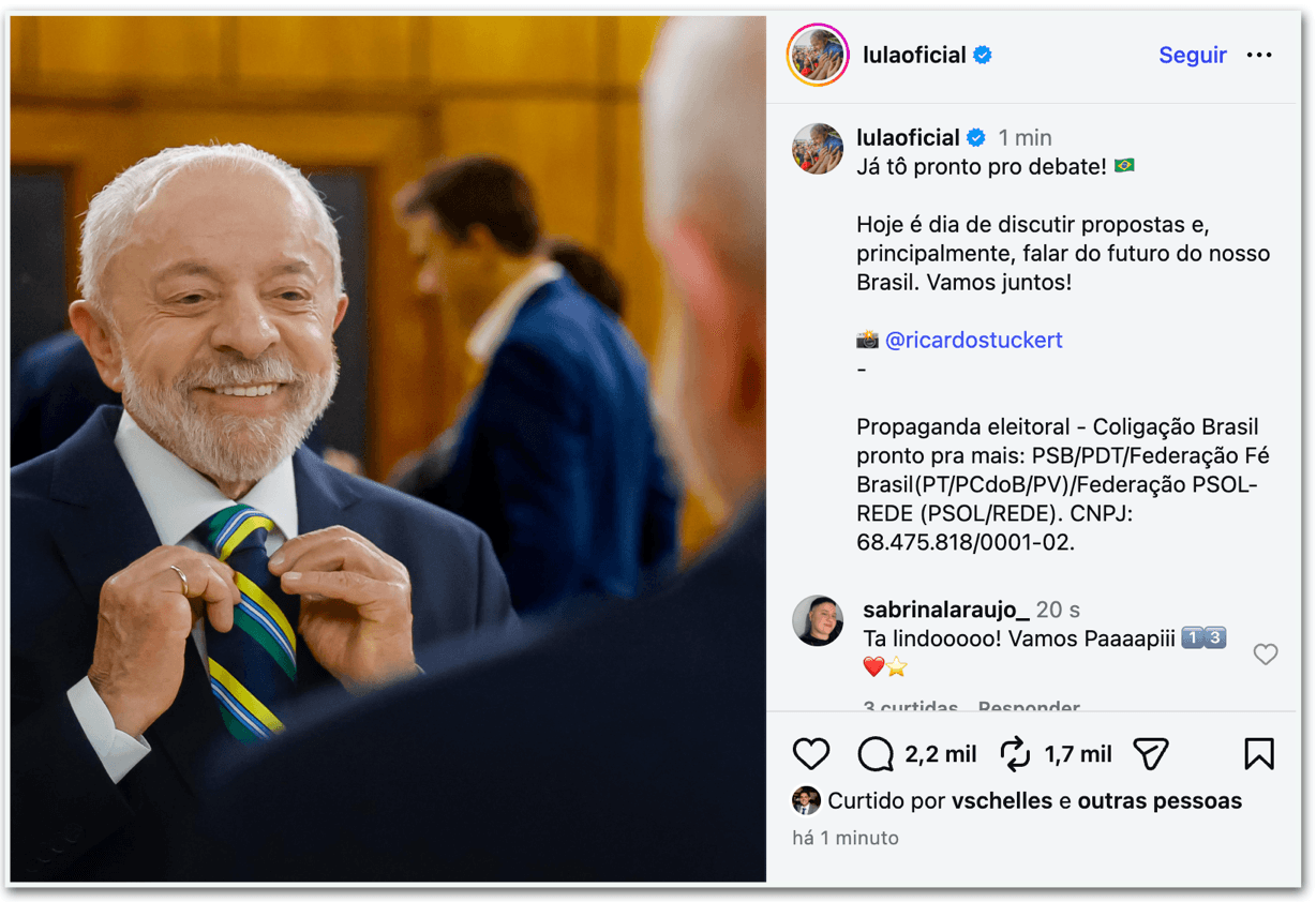 Antes de debate com Flávio, Lula posta foto se preparando