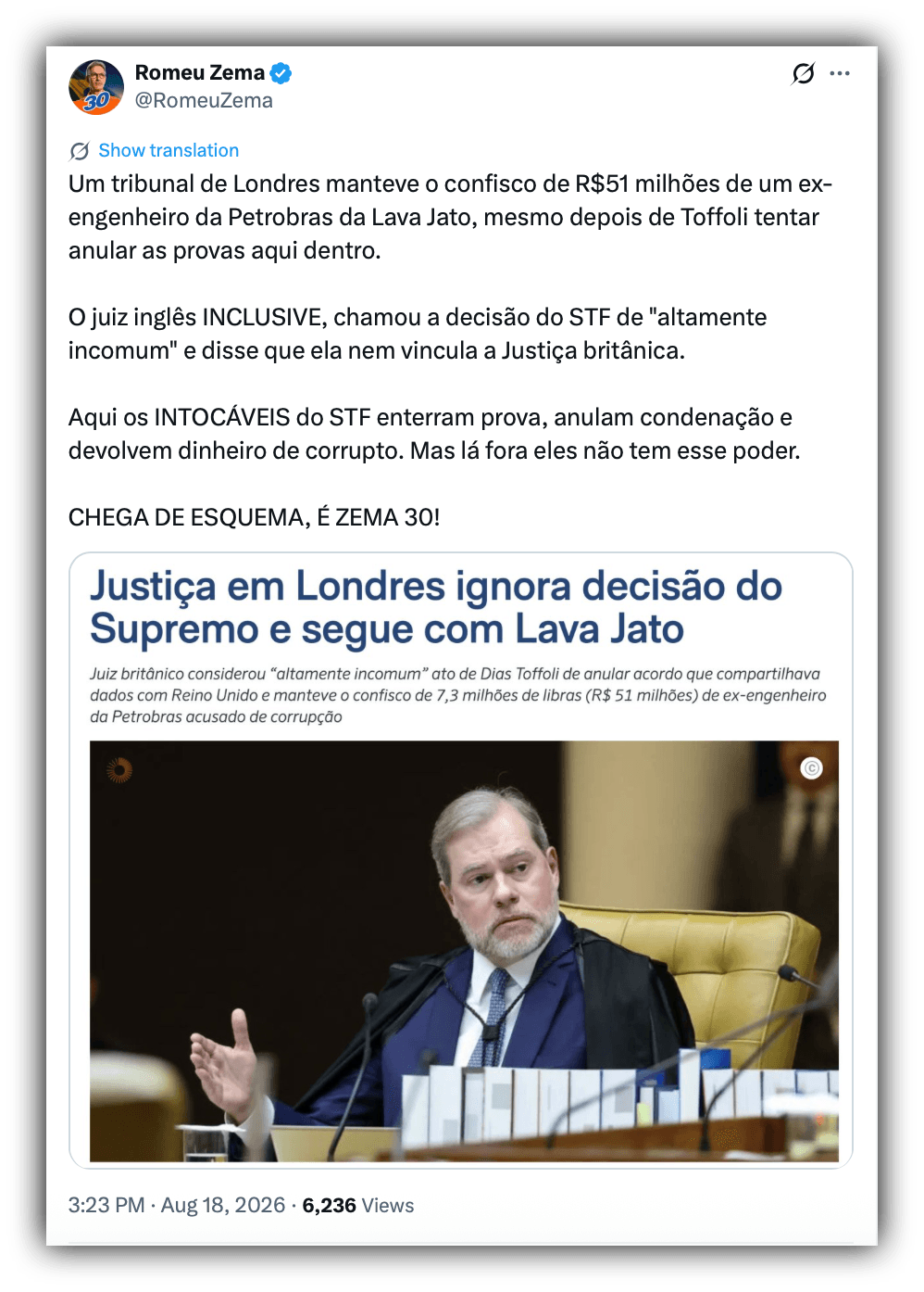 Aqui “intocáveis” do STF enterram prova, diz Zema sobre decisão britânica