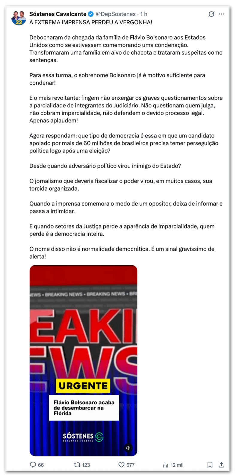 Sóstenes diz que imprensa fez família Bolsonaro virar “alvo de chacota”